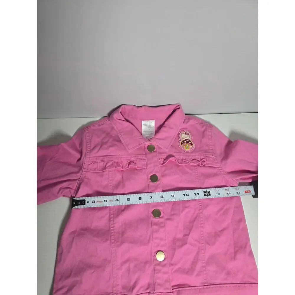 Hello Kitty Girls Denim Jacket Size 10 Pink Patch Snap Button Closure KidCore